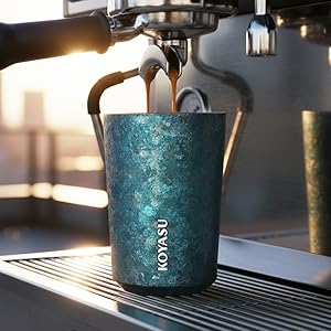 KOYASU Ti-Zen Indigo Blue 12oz titanium mug under espresso machine. Grade 1 purity, 1668C texture.