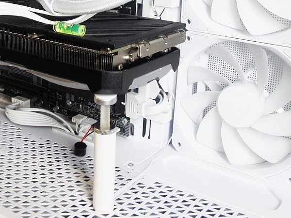 Sleek white GPU bracket in white PC build, clean minimalist aesthetic even when powered off