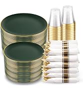 KIRE 350PCS Green Plates Disposable - Heavy Duty Christmas Plates - 50Guest Include Green Plastic...