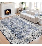 6x9 Washable Area Rug Blue Living Room Non Slip Chenille Floral Vintage Bedroom Carpet Stain Resi...