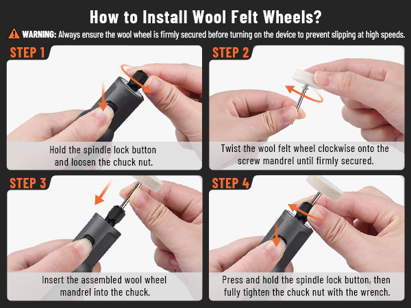 Clear steps for attaching polishing accessories, suitable for finishing tasks.