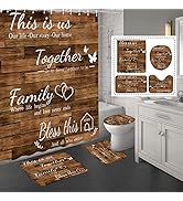 juwute 4Pcs Family Shower Curtain Sets with Non-Slip Rugs, Toilet Lid Cover and Bath Mat, Brown H...