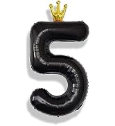 40 Inch Black 5 Number Balloons for Kids, Giant Foil 5th Birthday Number Balloon, Crown Self Infl...