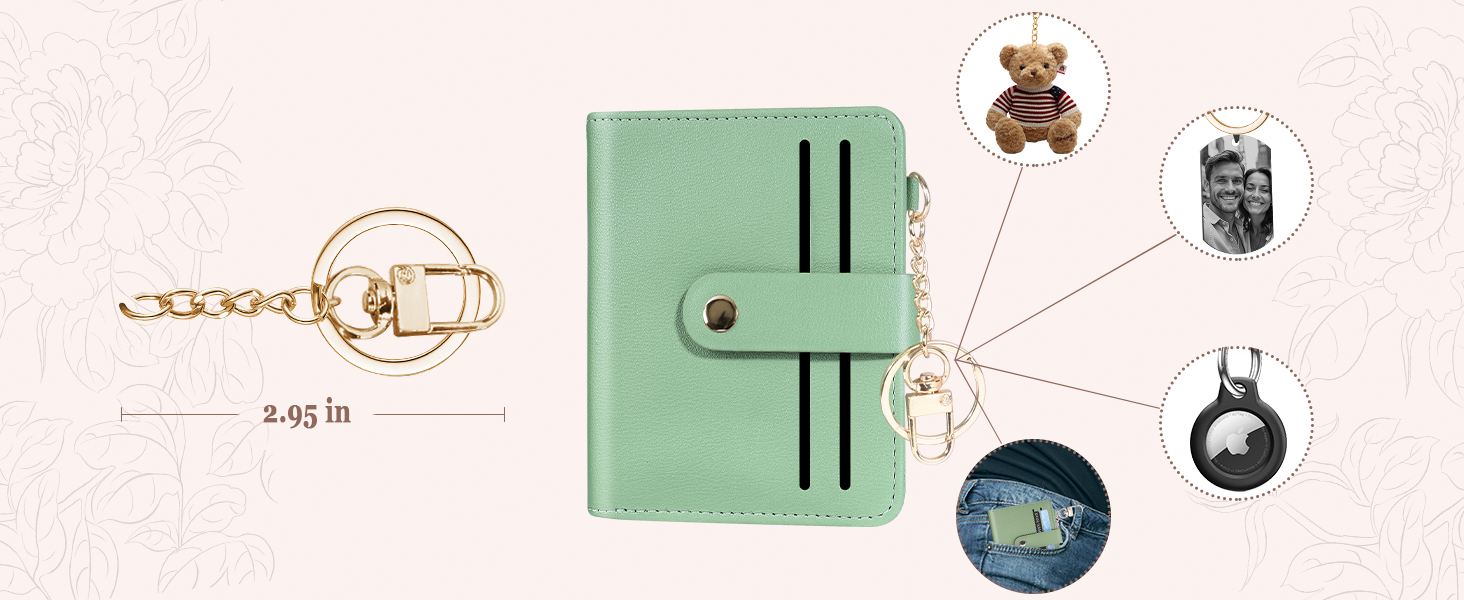 Women's wallet with gold keyring, shown with dollar, photo, AirTag attachments.