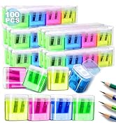 Shemira 100 Pack Pencil Sharpeners Bulk, Manual Pencil Sharpener for Kids, Double Hole Handheld P...