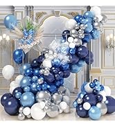 Blue White Silver Balloon Arch Kit, Navy Blue Silver White Balloon Garland with Metallic Dark Blu...