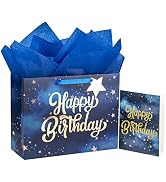 WRAPAHOLIC 13" Large Gift Bag with Card and Tissue Paper - Navy Star Gold Foil Happy Birthday