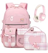 ACESAK Backpack for Girls with Headphones - Girls Backpack with Lunch Box, Pencil Case & Kids Hea...