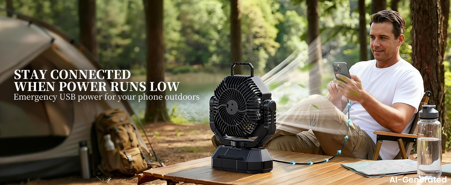 fan for camping with emergency USB power for your phone outdoors