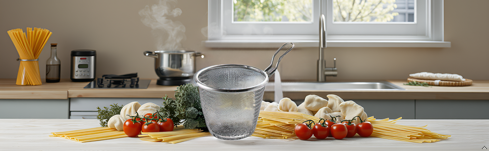 A kitchen counter with various cooking utensils and the product in the center.