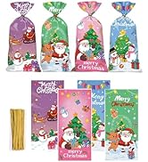 Srzllxfc Christmas Cellophane Treat Bags - 50 Pcs Cello Candy Goodie Bags with Twist Ties for Hol...
