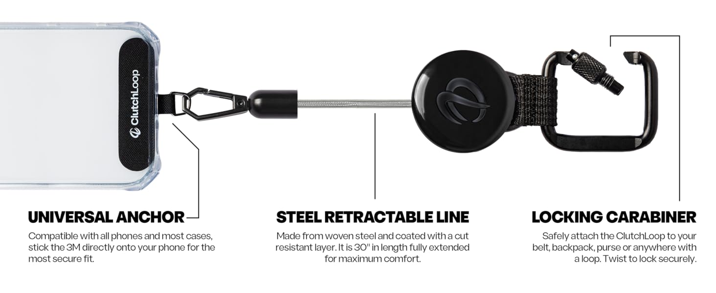 clutchloop features, locking carabiner , universal anchor, maximum security