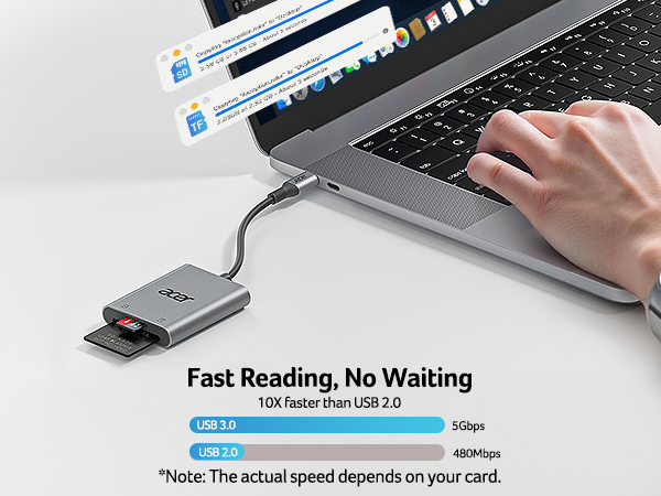 USB 3.0 card reader connected to laptop, showing speed comparison chart. Device is small, gray, with USB-C connector and SD card slot. Text indicates 10x faster than USB 2.0.