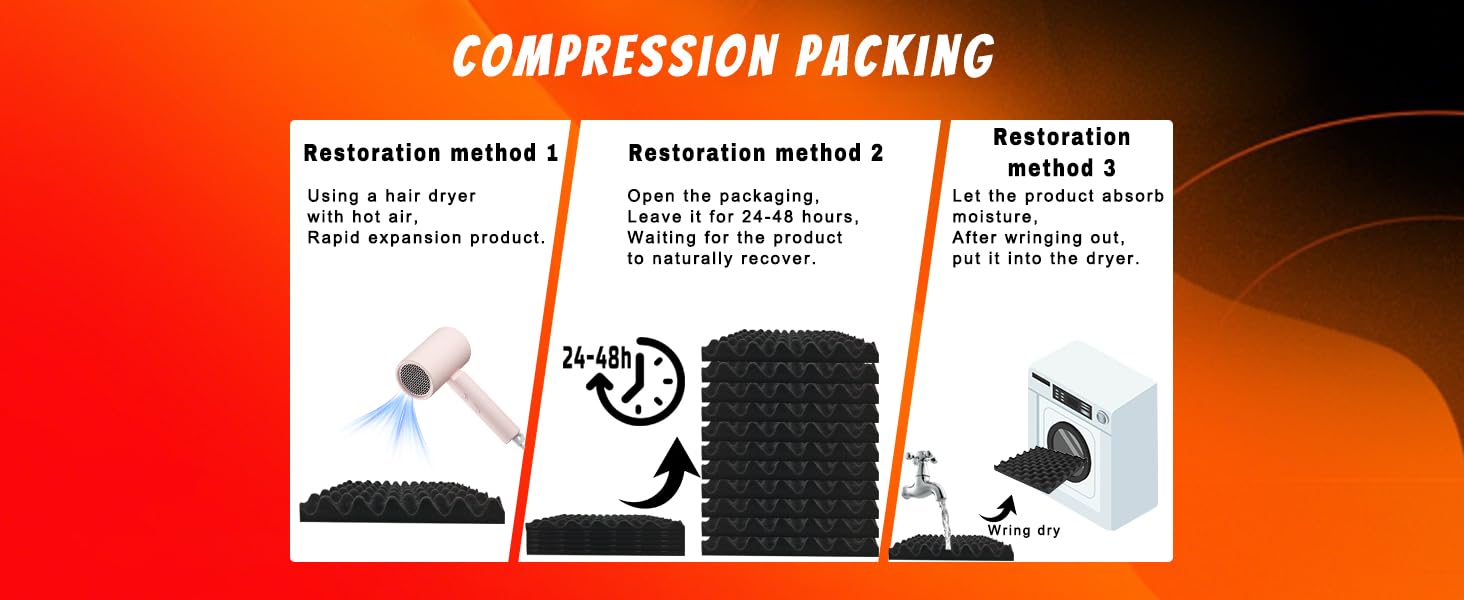 Infographic showing three restoration methods for a black textured foam product: using a hair dryer, waiting 24 hours, or letting it absorb water. Titled 'Compression Packing'.