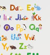 Colorful educational alphabet chart showing stylized letters with corresponding illustrations for each letter.