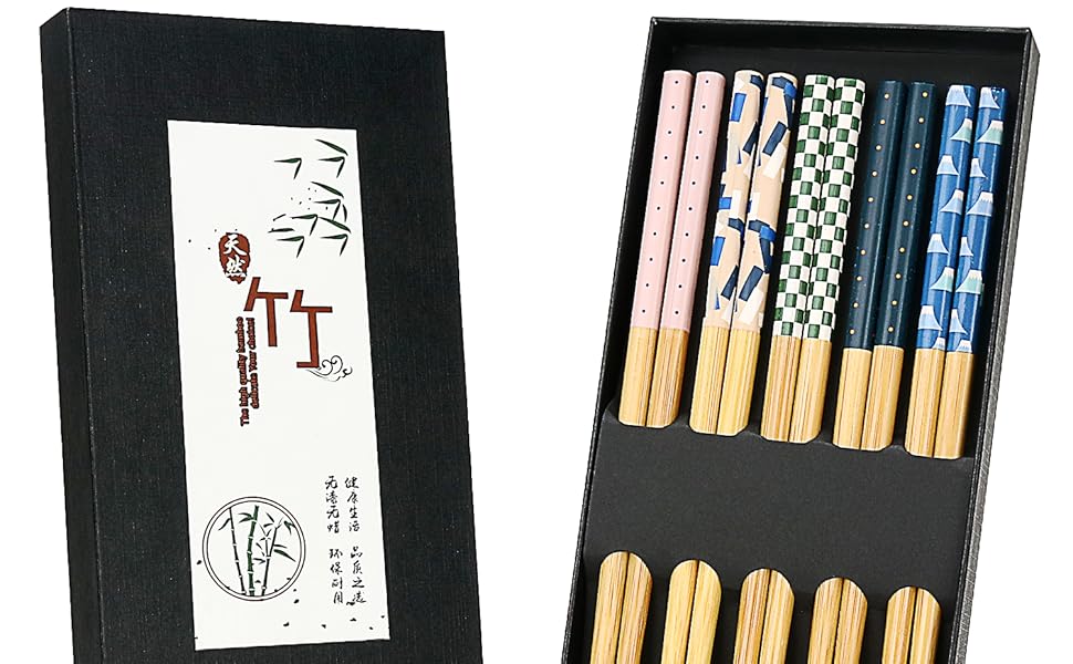 Set of 5 chopstick pairs in a black box. Each pair has bamboo handles and colorful patterned tops in pink, blue, green, and navy designs.