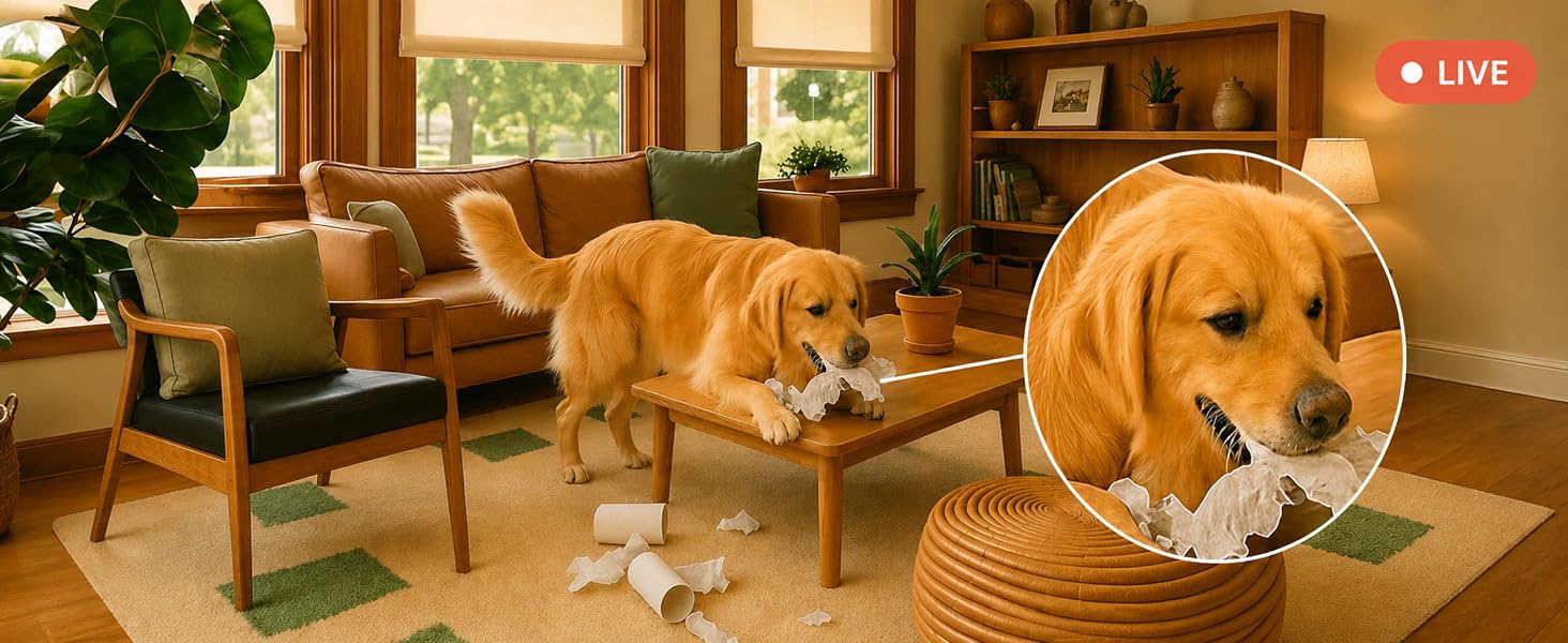 AlfredCam live indoor camera view of a dog chewing paper in a living room