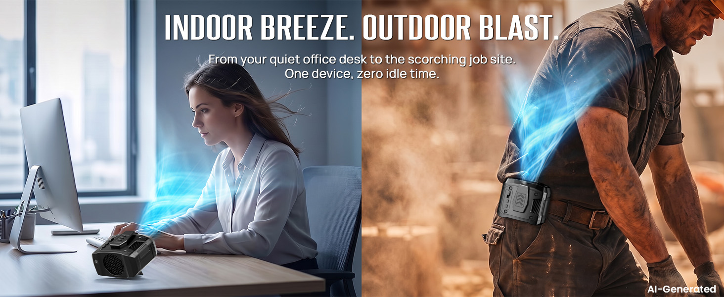 One mini waist fan switches from quiet office breeze to powerful outdoor jobsite cooling