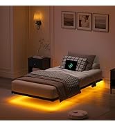 YORMDMO Floating Bed Frame Twin Size, Heavy Duty Bedframe with Smart LED Lights & Charging Statio...