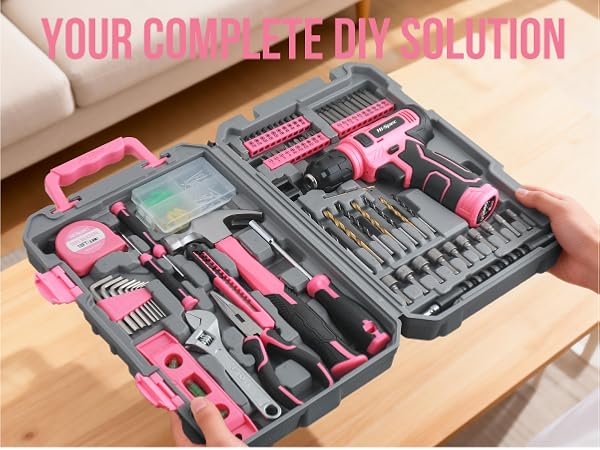 Pink Tool Set with 8V Drill Set. Complete Cordless & Rechargeable USB Electric Drill Driver Kit