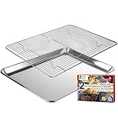 Stainless steel grilling basket with mesh grid pattern and long handle, shown with recipe card.