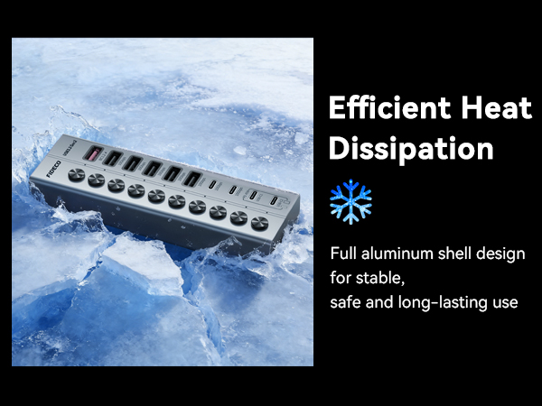 Text reads 'Efficient Heat Dissipation' and 'Full aluminum shell design for stable, safe and long-lasting use'. Image shows laptop cooling pad with aluminum parallel fins on snowy background.