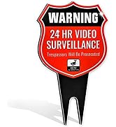 Warning 24 Hour Video Surveillance Sign - No Trespassing Outdoor Signage - Heavy Duty Ground Stak...