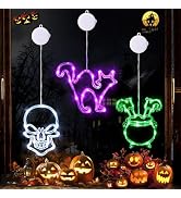 Joomer Battery Powered Halloween Window Lights Decorations 3 Pack | White Skull Purple Cat Green ...