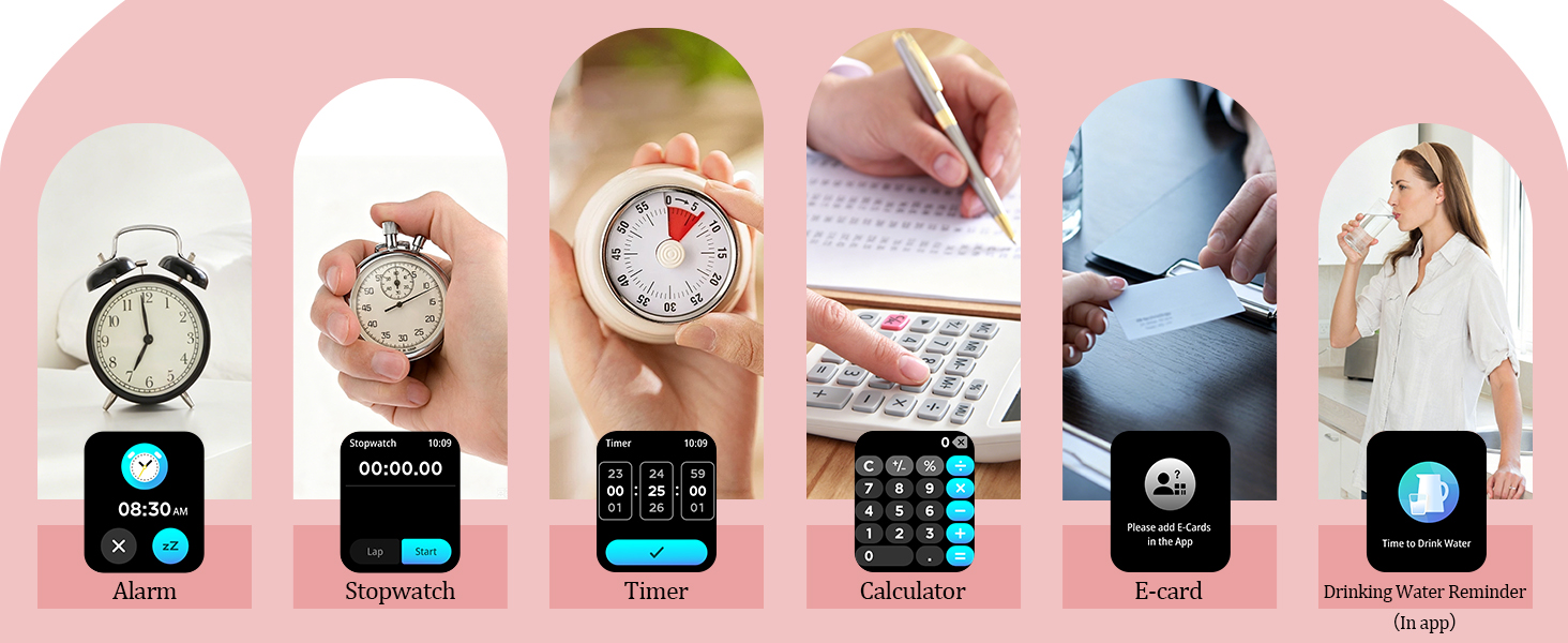Six product items arranged on pink background: analog alarm clock, wristwatch, digital display device, small calculator, smartwatch, and round black device with measurement markings.
