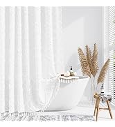 Dynamene White Fabric Shower Curtain, Boho Tufted Geometric Striped Tassel Shower Curtain for Bat...