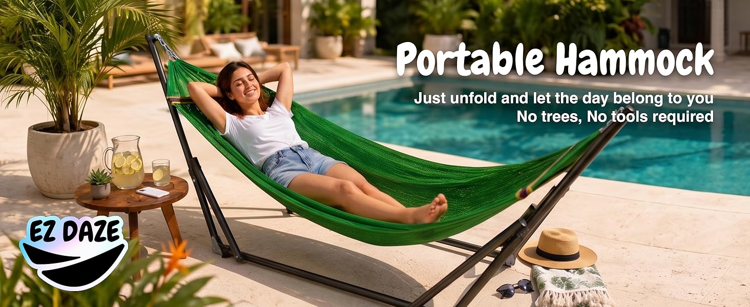 Woman relaxing in a green portable hammock with stand beside a sunny backyard pool and patio decor