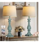 luxeflow 29" Tall Coastal Table Lamps Set of 2,Retro Blue Bedside Lamps with USB C+A Ports & AC O...