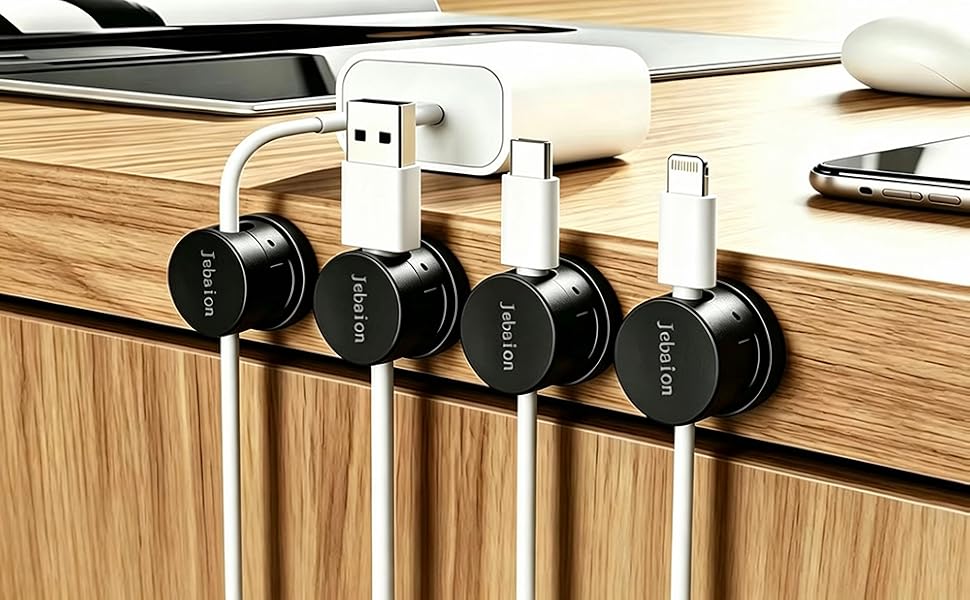 Jebaion Black Magnetic Cable Clip, Desk Cord Holder for USB-C & Lightning Cables