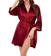Vlazom Women's Silky Satin Robe 3/4 Sleeves with Sheer Mesh Cuffs Bathrobe for Bridal, Spa or Eve...