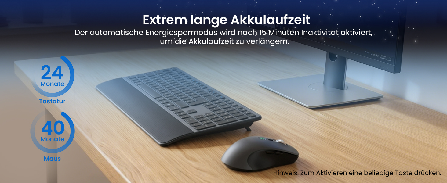 Text reads 'Extreme lange Akkulaufzeit' with numbered points 24 and 20. Image shows solar panel and electronic device on wooden surface with bright sunlight.