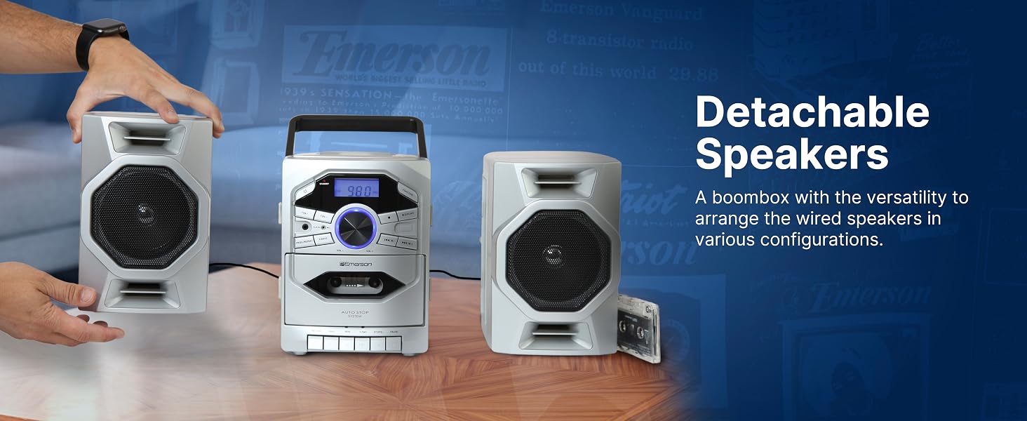 Emerson EPB-4000 CD Player Boombox with cassette and Radio features detachable speakers with wiring