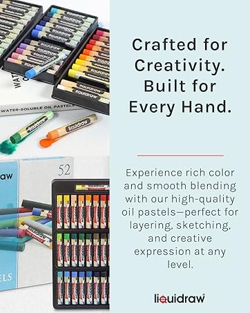 Colorful oil pastels displayed in cases. Text highlights smooth blending and versatility for creative expression. Suitable for layering and sketching at various skill levels.
