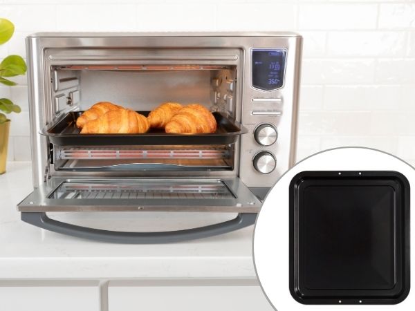 Kenmore digital toaster oven air fryer on a kitchen counter with inset closeup of baking pan