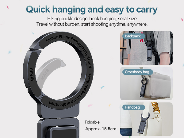 Text reads 'Quick hanging and easy to carry'. Multiple views of a circular folding selfie light ring with carrying handle and adjustable stand components.