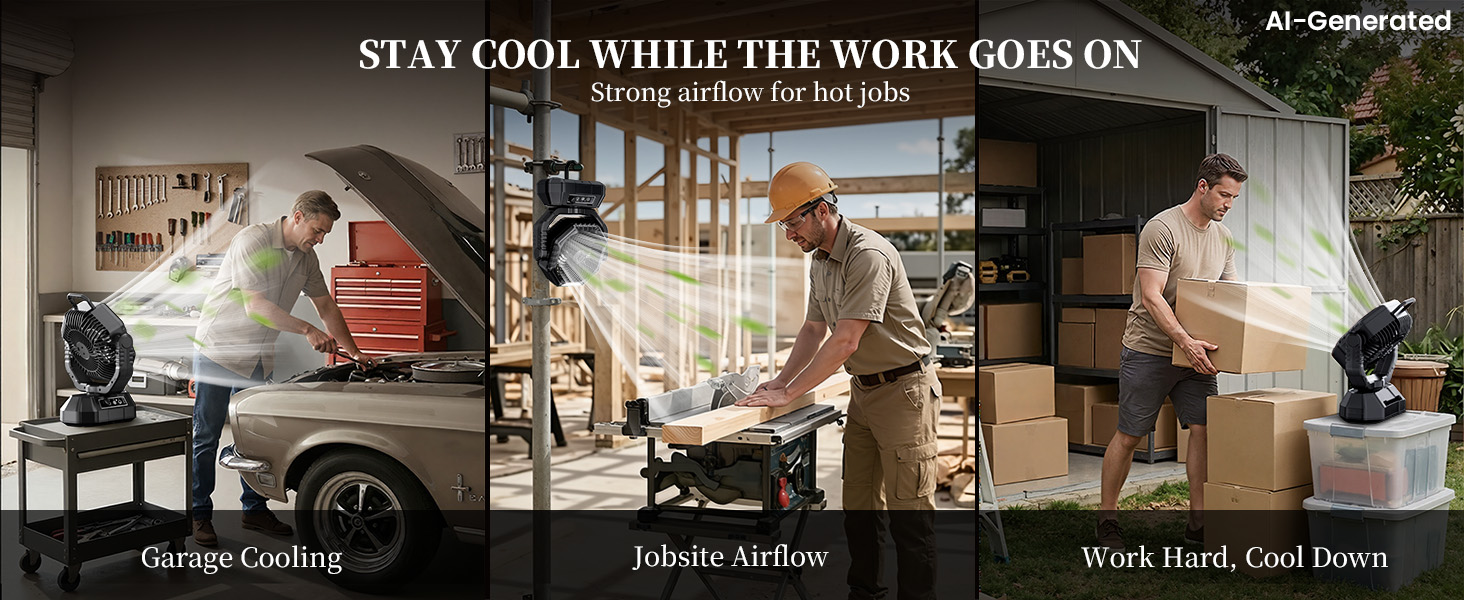 Stay cool while work goes on: battery powered outdoor fan with strong airflow for hot jobs