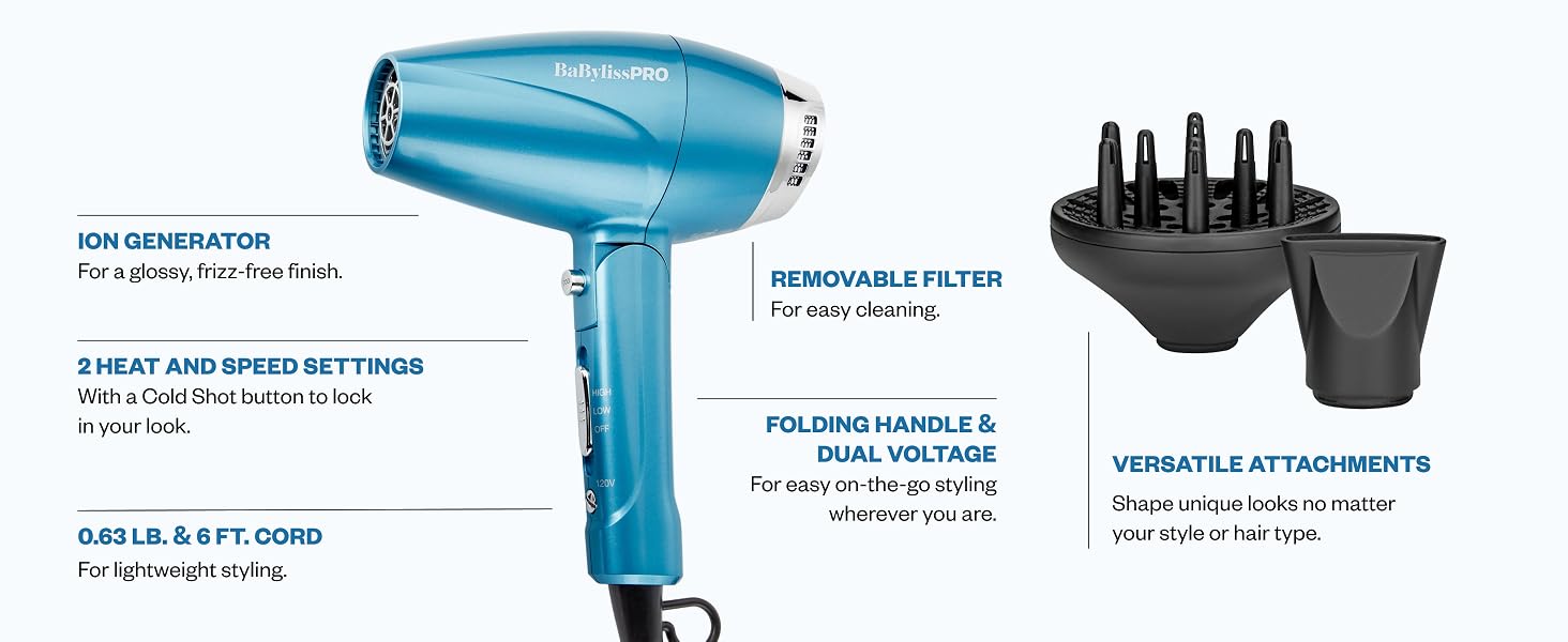 A blue dryer and black attachments diagram highlights folding handle, settings, and ionic care.
