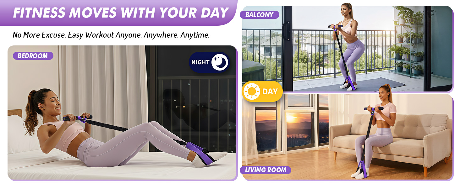 using a multifunction elastic yoga resistance band to workout in bedroom, balcony, and living room.