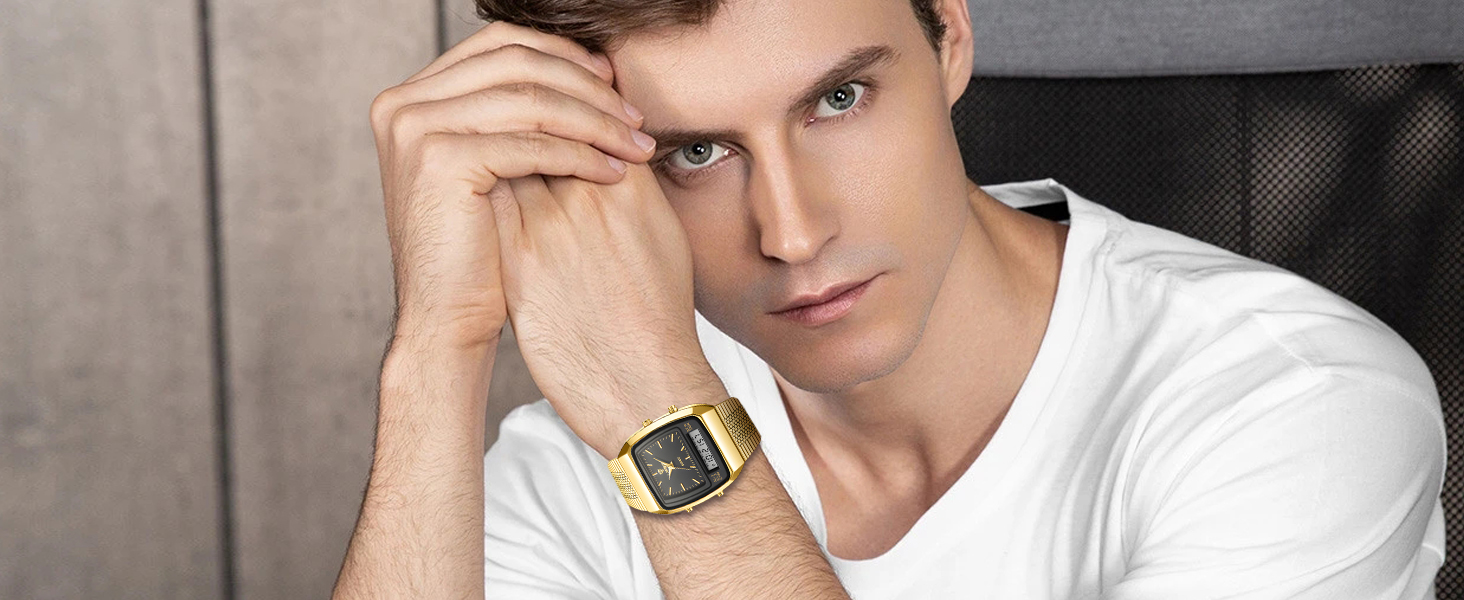 FANMIS Men's Watches Multifunction Square Dual Display Sport Watch for Men