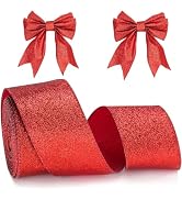 Christmas Red Glitter Ribbon 2.5 Inch Christmas Wired Ribbon 11 Yards Christmas Tree Ribbon Chris...
