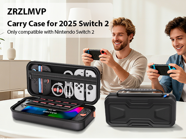 Text reads 'ZRZLMVP Carry Case for 2025 Switch 2' and 'Only compatible with Nintendo Switch 2'. Hard-shell protective gaming case shown open with storage compartments and closed view.