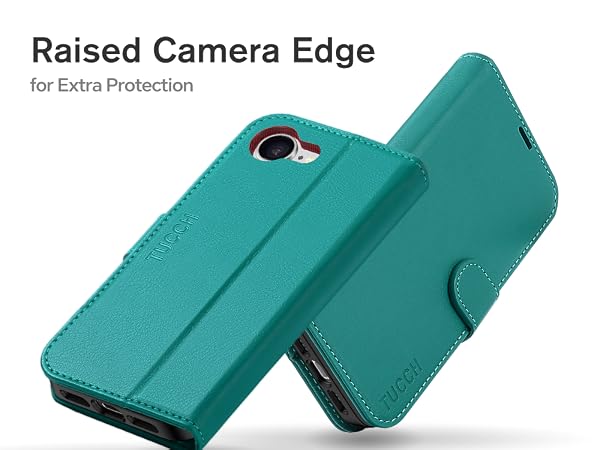 Teal smartphone wallet case with raised camera edge for extra protection. Folio-style design with card slots visible on inner flap.