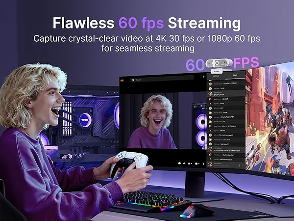 A gaming streamer uses this 60FPS webcam for smooth, stable streaming.