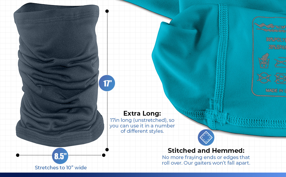 Extra long, stretchable, and hemmed fishing neck gaiter and cool face mask for a perfect fit.