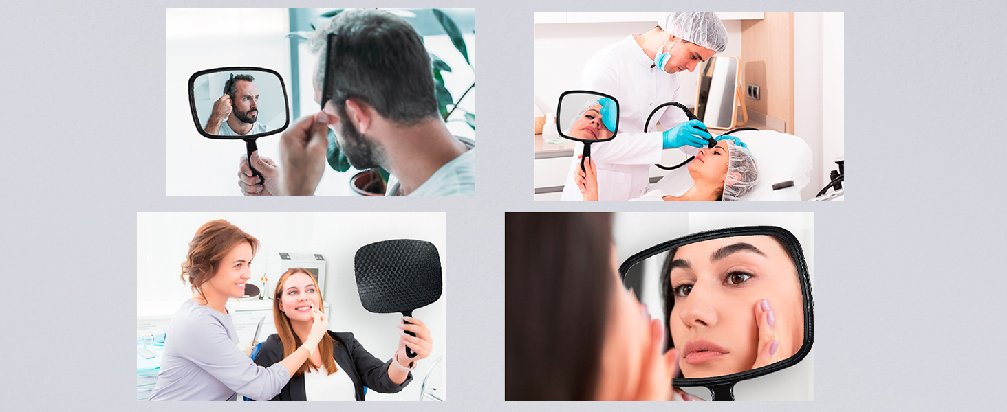 Collage of four images showing people using handheld mirrors for various grooming activities, including dental care and facial examination.