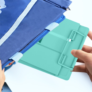 the back of the bag is held open with a blue zipper.